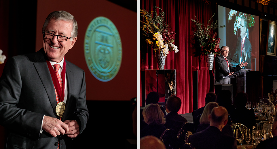 Two images of David Booth. On the left, he’s wearing the University of Chicago Medal and smiling. On the right, he’s speaking at a podium to a crowd at the awards ceremony.