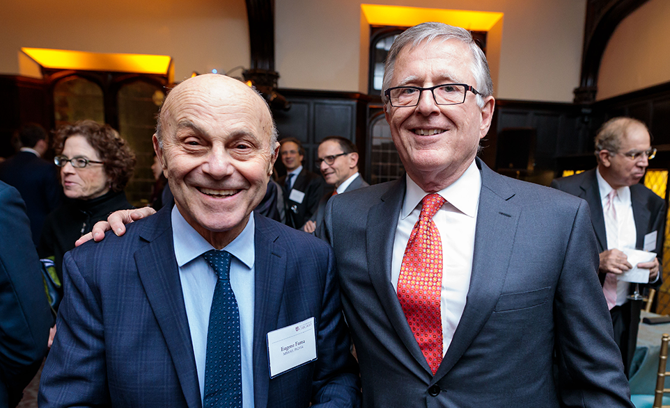 Eugene Fama, at left, with David Booth at the University of Chicago